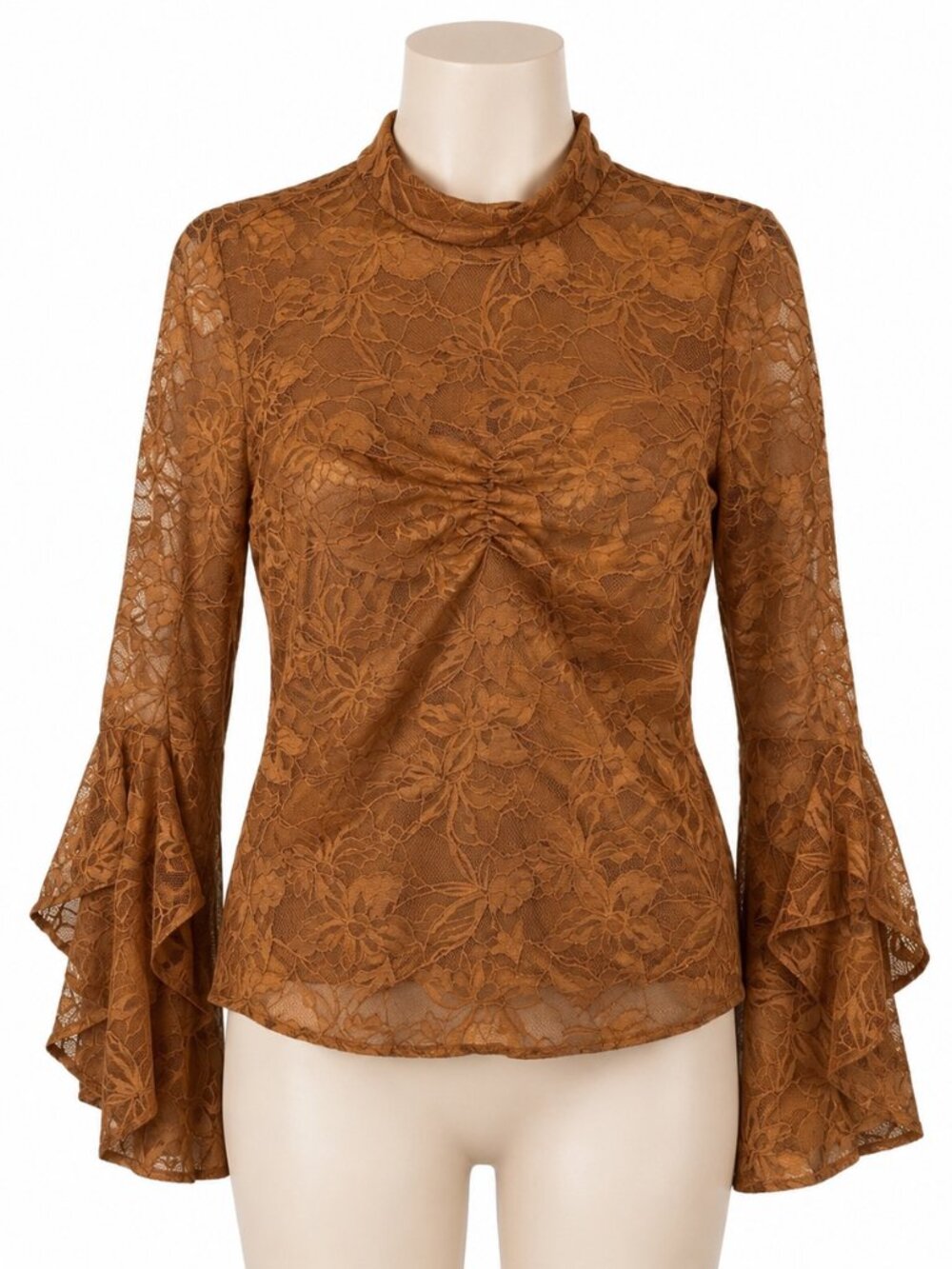 Boston Proper Brown Floral Lace Top Womens Medium Mock Neck Bell Sleeve Blouse